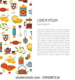 Vector cartoon illustration with tea ceremony background: cup, teapot, lemon, tea bags, herbs, sweets, mate. Traditional english tea time objects. Hot chinese beverage. Breakfast design