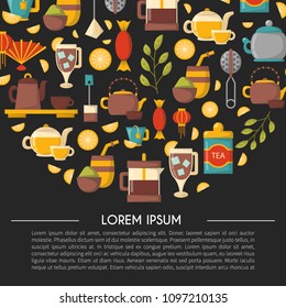 Vector cartoon illustration with tea ceremony background: cup, teapot, lemon, tea bags, herbs, sweets, mate. Traditional english tea time objects. Hot chinese beverage. Breakfast design