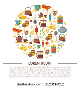 Vector cartoon illustration with tea ceremony background: cup, teapot, lemon, tea bags, herbs, sweets, mate. Traditional english tea time objects. Hot chinese beverage. Breakfast design
