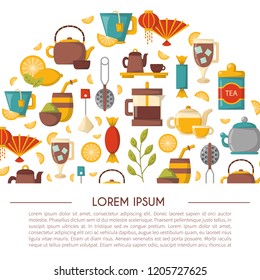 Vector cartoon illustration with tea ceremony background: cup, teapot, lemon, tea bags, herbs, sweets, mate. Traditional english tea time objects. Hot chinese beverage. Breakfast design