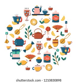 Vector cartoon illustration with tea ceremony set: cup, teapot, lemon, tea bags, herbs, sweets, mate. Traditional english tea time icon. Hot chinese beverage. Breakfast backgrounddesign