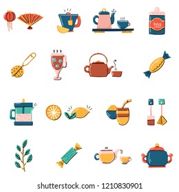 Vector cartoon illustration with tea ceremony set: cup, teapot, lemon, tea bags, herbs, sweets, mate. Traditional english tea time icon. Hot chinese beverage. Breakfast background design