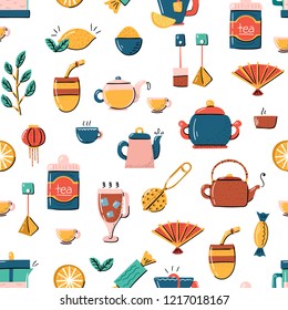 Vector cartoon illustration with tea ceremony set: cup, teapot, lemon, tea bags, herbs, sweets, mate. Traditional english tea time icon. Hot chinese beverage. Breakfast backgrounddesign