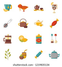 Vector cartoon illustration with tea ceremony set: cup, teapot, lemon, tea bags, herbs, sweets, mate. Traditional english tea time icon. Hot chinese beverage. Breakfast design