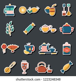 Vector cartoon illustration with tea ceremony set: cup, teapot, lemon, tea bags, herbs, sweets, mate. Traditional english tea time icon. Hot chinese beverage. Breakfast background design