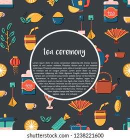 Vector cartoon illustration with tea ceremony set: cup, teapot, lemon, tea bags, herbs, sweets, mate. Traditional english tea time icon. Hot chinese beverage. Breakfast backgrounddesign