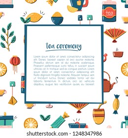 Vector cartoon illustration with tea ceremony set: cup, teapot, lemon, tea bags, herbs, sweets, mate. Traditional english tea time icon. Hot chinese beverage. Breakfast backgrounddesign