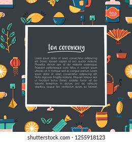 Vector cartoon illustration with tea ceremony set: cup, teapot, lemon, tea bags, herbs, sweets, mate. Traditional english tea time icon. Hot chinese beverage. Breakfast backgrounddesign