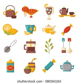 Vector cartoon illustration with tea ceremony set: cup, teapot, lemon, tea bags, herbs, sweets, mate. Traditional english tea time icon. Hot chinese beverage. Breakfast design