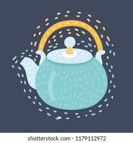 Vector cartoon illustration of tea kettle. Funny hand drawn concept on dark background.