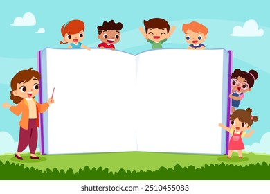 Ilustración de dibujos animados de Vector de un maestro y niños con una gran página en blanco de libro abierto en el parque. Educación y concepto de lectura.