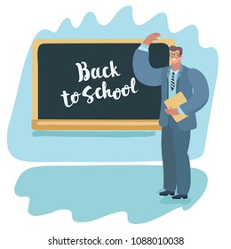 Vector cartoon illustration of teaching to his students. Male characters in glasses wave by hand. Backboard with Back to school lettering.