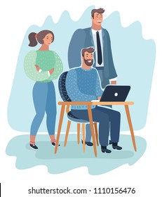 Vector cartoon illustration of team of developers working together on a new technology business project startup. Design, programming and management sitting and standing at the desk.