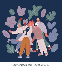 Vector cartoon illustration of team hands giving a high five for great work. Friendship symbol of great work achievement. People team give hand slapping over dark background