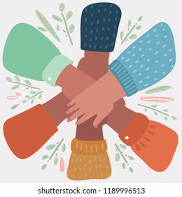 Vector cartoon illustration of teamwork concept. Friends with stack of hands showing unity and teamwork, top view. Young people putting their hands together. Object on white background.