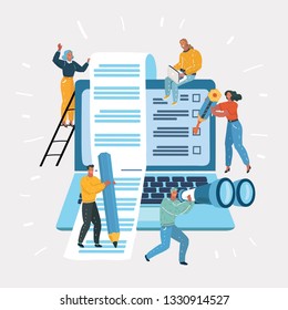 Vector cartoon illustration of teamwork. Software, web development, developing concept. People interacting with laptop, charts and analyzing statistics. Technology process, working at project.