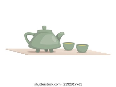 Vector cartoon illustration of teapot and mugs