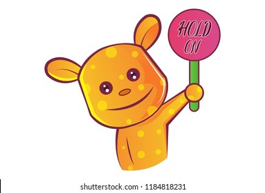 Vector cartoon illustration. Teddy bear  with signboard in hand. Isolated on white background.  