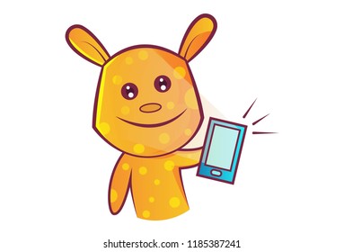 Vector cartoon illustration of teddy bear taking selfie in phone. Isolated on white background. 