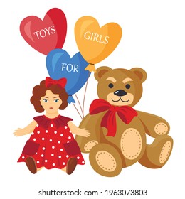 Vector cartoon illustration of a teddy bear and a doll. Balloons. Toys for girls.