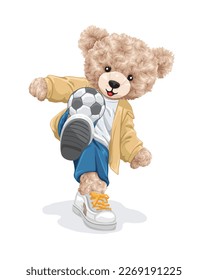 Vector cartoon illustration, teddy bear playing soccer ball