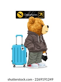 Vector cartoon illustration, teddy bear holding camera with luggage in airport