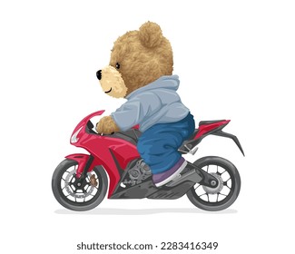 Vector cartoon illustration, teddy bear riding motorcycle