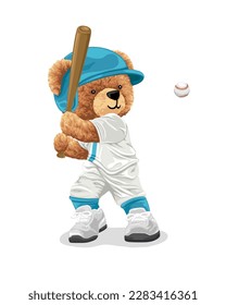 Ilustración de dibujos animados, oso de peluche jugando al béisbol