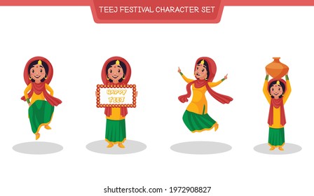 Vector cartoon illustration of teej festival character set on white background.