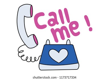 Vector cartoon illustration of telephone. Lettering call me text. Isolated on white background.