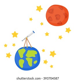 Vector cartoon illustration with telescope on Earth to Mars. Flight to Mars and Moon concept. Great for children book/encyclopedia cover, illustration. Cartoon telescope. Universe travel adventure