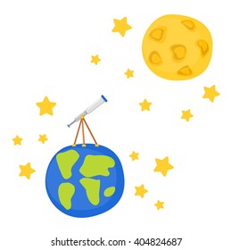 Vector cartoon illustration with telescope on Earth to Moon. Flight to Moon concept. Great for children book/encyclopedia cover, illustration. Cartoon telescope. Universe travel adventure