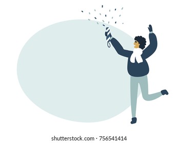 Vector cartoon illustration. Template for greeting card. Flat design. Happy character with confetti in hand. Winter. Place for your text. Happy new year. 