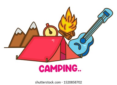 Vector cartoon illustration of tent, guitar, fire, watch and mountains. Lettering camping text. Isolated on white background.