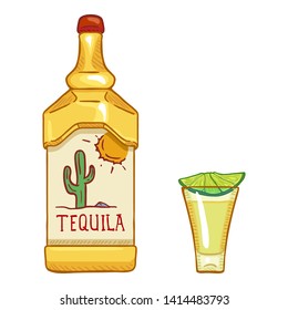 Vector Cartoon Illustration - Tequila Bottle and Shot with Lime Slice