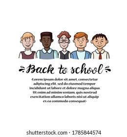 Vector cartoon illustration with text. Isolated group of multiracial students on white color. Colorful portraits of boys