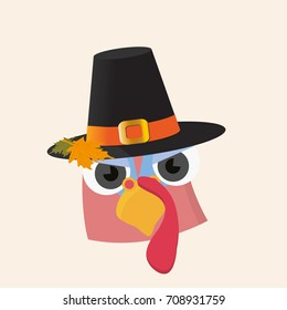 Vector Cartoon illustration for Thanksgiving day: cute turkey bird mascot face with pilgrim hat on. A Maple Leaf on hat. Great both for Canadian and American Thanksgiving dinner day.