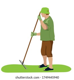 Vector cartoon illustration theme of gardening. A woman stands in a green clearing with a rake, concept of agricultural summer work in garden, infield.