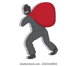 vector cartoon illustration of a thief in action wearing all black and a black mask with red eyes and smiling carrying a red pouch on his shoulder