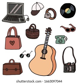 vector cartoon illustration things, computer, guitar, bag, camera, watch, telephone