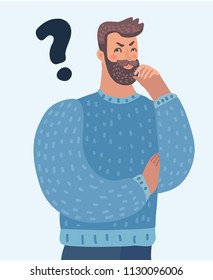 Vector cartoon illustration of thinking man with question mark. Man and question on white background.