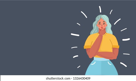 Vector cartoon illustration of Thinking woman on dark background. Woman deep in thought. Human character on dark background.