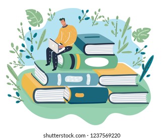 Vector cartoon illustration of Thoughtful young man sits on stack of books and looks at laptop. Studying or working man.