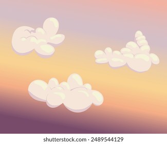 Vector cartoon illustration of three fluffy clouds floating on a summer sunset sky.