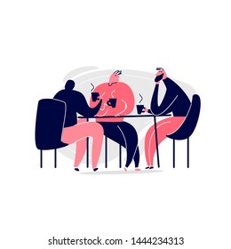 Cartoon-Illustration von drei Freunden, die im Café sitzen und Kaffee oder Tee trinken.
