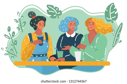 Vector cartoon illustration of three girls in cafe. Talking and laughing happy female characters. Conversation and friendship concept.