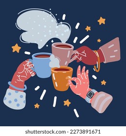 Vector cartoon illustration of three hands holding three cup of coffee Cozy, lifestyle image over dark background