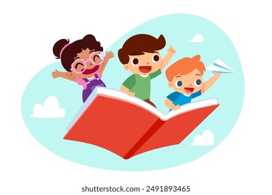 Ilustración de dibujos animados de Vector de tres niños felices montando un gran libro volador en el cielo. Educación y concepto de lectura.