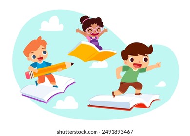 Vector cartoon illustration of three happy kids riding flying magic book in the sky. Education and reading concept.