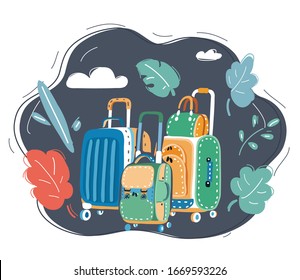 Dibujo vectorial de tres grandes maletas y bolso de viaje aislado en un fondo oscuro.